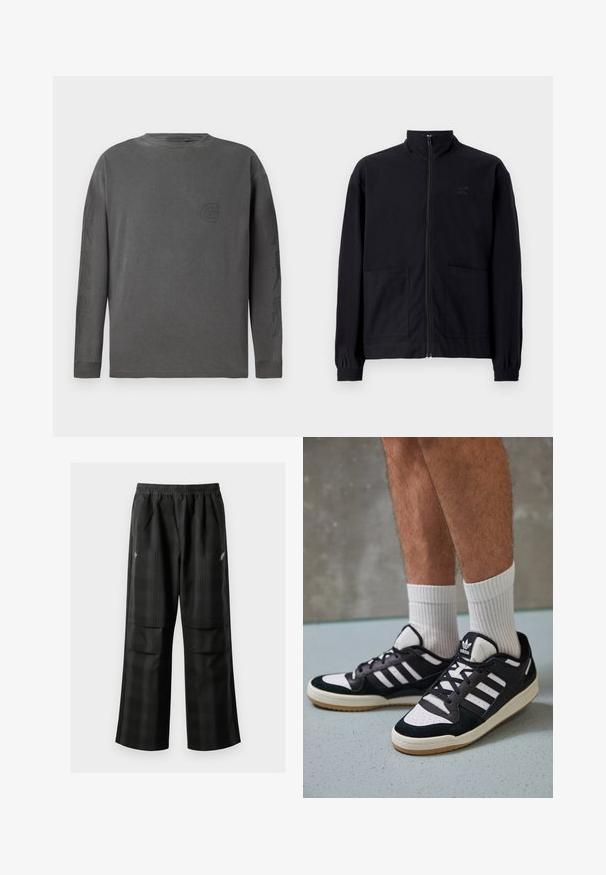 Czarna kurtka zapinana na zamek, wykonana z teksturowanej tkaniny, z kołnierzem stojącym, dwoma przednimi kieszeniami i elastycznymi mankietami. Subtelny detal z logo.; Szara koszulka z długim rękawem z mieszanki bawełny, z okrągłym dekoltem, z subtelnym logo i abstrakcyjnymi wzorami na rękawach; miękka tekstura.; Czarne spodnie w kratę z elastycznym pasem, dwoma przednimi kieszeniami i luźnym krojem ze prostymi nogawkami. Wykonane z lekkiego materiału.; Czarno-białe sneakersy z zamszową i skórzaną cholewką, z trzema białymi paskami, perforowanym czubkiem i gumową podeszwą w kolorze gumy.