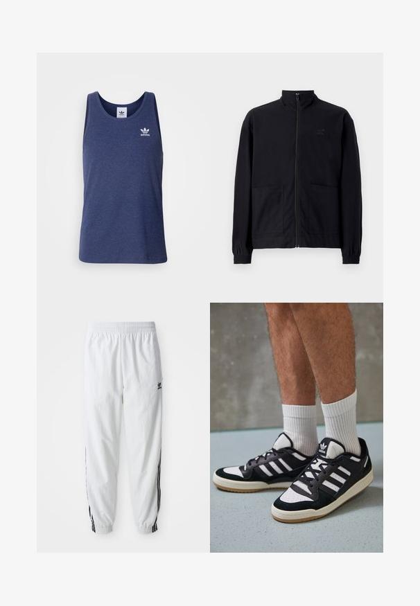 Melna zip-up jaka, izgatavota no struktūrētas auduma, ar stāvošu apkakli, divām priekšējām kabatām un elastīgām aprocēm. Diskreta logotipa detaļa.; adidas Originals ESS TANK - Tops - night indigo; Baltas sporta bikses ar melnām sānu svītrām, elastīga vidukļa josla un rokai; uz kreisā augšstilba atrodas Adidas logs. Gluda auduma tekstūra.; Melnas un baltas kedas ar zamša un ādas augšdaļu, kas aprīkotas ar trim baltām svītrām, perforētu purngali un gumijas zolēm.
