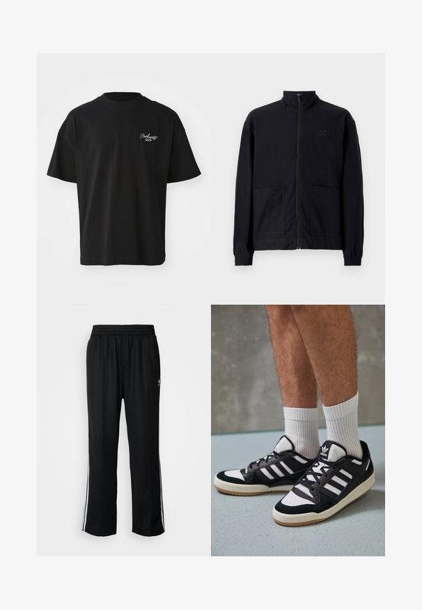 Black zip-up jacket made of textured fabric featuring a standing collar, two front pockets, and elasticized cuffs. Subtle logo detail.; Black cotton t-shirt with short sleeves, round neckline, featuring white embroidered logo on the left chest. Standard fit, smooth texture.; Black athletic pants with an elastic waistband, featuring white side stripes and a small logo. Material appears soft and lightweight.; Black and white sneakers with a suede and leather upper, featuring three white stripes, a perforated toe, and a gum rubber sole.