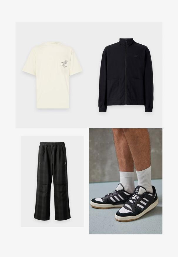 Schwarze Zip-Jacke aus strukturiertem Stoff mit Stehkragen, zwei Fronttaschen und elastischen Bündchen. Subtiler Logodruck.; Cremfarbendes Kurzarm-T-Shirt aus Baumwolle, mit einer Tasche auf der linken Brust, die ein schwarzes Grafik- und Textdesign aufweist.; Schwarze karierte Hosen mit elastischem Bund, zwei Fronttaschen und lockerer Passform im geraden Beinschnitt. Hergestellt aus leichtem Material.; Schwarz-weiße Sneaker mit einem Obermaterial aus Wildleder und Leder, ausgestattet mit drei weißen Streifen, einer perforierten Zehenpartie und einer Sohle aus Gummi.