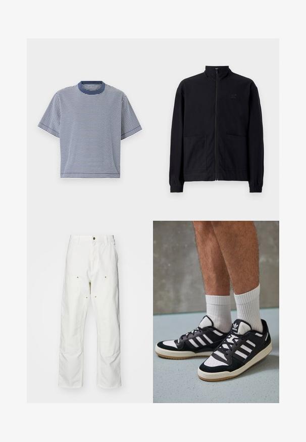 Jachetă zip-up neagră, realizată dintr-un material texturat, cu guler în picioare, două buzunare frontale și manșete elastice. Detaliu subtil cu logo.; Polo cu maneci scurte, alb și albastru cu dungi, cu decolteu rotund și un croi lejer, realizat dintr-un material moale și ușor.; Pantaloni cargo din bumbac alb, cu o croială lejeră. Caracteristicile includ buzunare frontale, accesorii din metal aurit și secțiuni întărite la genunchi.; Adidași negri și albi cu un superior din suede și piele, prevăzuți cu trei dungi albe, un vârf perforat și o talpă din cauciuc caramel.