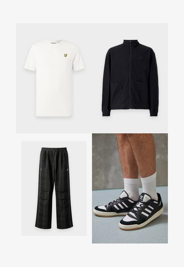 Fekete, cipzáros dzseki, textúrált anyagból, álló gallérral, két elülső zsebbel és rugalmas mandzsettával. Diszkrét logó részlet.; Fehér pamut rövid ujjú póló, bal mellrészen sárga hímzett madár logóval. Egyszerű, kerek nyakkivágású fazon.; Fekete kockás nadrág, rugalmas derékkal, két elülső zsebbel és laza, egyenes szárú fazonnal. Könnyű anyagból készült.; Fekete-fehér tornacipők velúr és bőr felsőrésszel, három fehér csíkkal, perforált orral és gumi talppal.