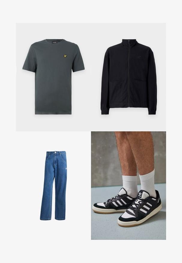 Jachetă zip-up neagră, realizată dintr-un material texturat, cu guler în picioare, două buzunare frontale și manșete elastice. Detaliu subtil cu logo.; Lyle & Scott Tricou basic - deep green; Jeans din denim cu talie înaltă, cu picioare largi, de culoare albastră, cu buzunare frontale, bucle pentru centură, închidere cu nasture și un mic logo Adidas pe coapsa dreaptă.; Adidași negri și albi cu un superior din suede și piele, prevăzuți cu trei dungi albe, un vârf perforat și o talpă din cauciuc caramel.