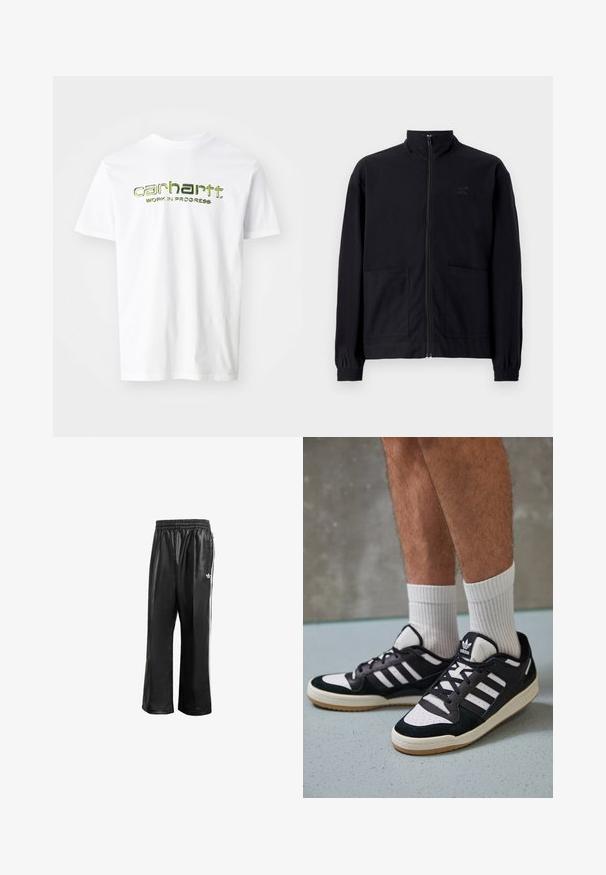 Musta vetoketjullinen takki, joka on valmistettu teksturoidusta kankaasta. Takissa on pystykaulus, kaksi etutaskua ja elastiset hihansuut. Huomaamaton logotyyli.; Valkoinen puuvillapaita, jossa on vihreä painettu teksti "carhartt. WORK IN PROGRESS" rintakehällä. Lyhyet hihat ja klassinen pyöreä kaula-aukko.; Mustat synteettiset juoksuhousut, joissa on joustava vyötärö, valkoiset sivusuunnassa olevat raidat ja pieni valkoinen logo vasemmassa lantiossa.; Valkoiset ja mustat tennarit, joissa on mokkanahka- ja nahkapäällinen, kolme valkoista raitaa, rei'itetty kärki ja kumipohja.