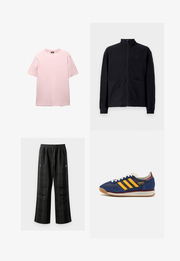 Fekete, cipzáros dzseki, textúrált anyagból, álló gallérral, két elülső zsebbel és rugalmas mandzsettával. Diszkrét logó részlet.; PULL&BEAR JOIN LIFE - Basic póló - pink; Fekete kockás nadrág, rugalmas derékkal, két elülső zsebbel és laza, egyenes szárú fazonnal. Könnyű anyagból készült.; Sötétkék velúr sportcipő sárga cscsíkokkal, fehér fűzőkkel és bordeaux vörös kiegészítőkkel. Texturált talp barázdákkal a tapadás érdekében. Márkajelzés az oldalon.