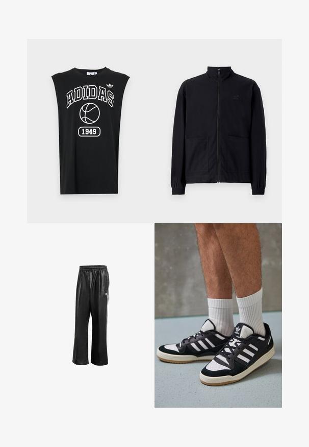 Jaqueta preta com fecho zip, feita de tecido texturizado, com gola alta, duas bolsos frontais e punhos elásticos. Detalhe discreto do logótipo.; T-shirt preta sem mangas com texto branco "ADIDAS", gráfico de basquetebol e detalhe "1949" por baixo. Apresenta material de algodão e decote redondo.; Calças de treino sintéticas pretas com um cós elástico, apresentando riscas laterais brancas e um pequeno logótipo branco no quadril esquerdo.; Ténis em preto e branco com upper em camurça e couro, apresentando três riscas brancas, um toe perfurado e uma sola em borracha de goma.