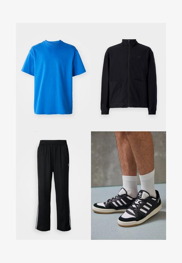 Svart zip-up jakke laget av teksturert stoff med stående krage, to frontlommer og elastiske mansjetter. Diskret logo detalj.; Blå bomull T-skjorte med rund hals, korte ermer og avslappet passform. Glatt tekstur og enkelt design uten mønstre eller detaljer.; Sorte treningsbukser med elastisk midjebånd, med hvite sidestiper og en liten logo. Materialet ser mykt og lett ut.; Sorte og hvite sneakers med overdel i semsket skinn og lær, med tre hvite striper, perforert tå og en såle av gummi.