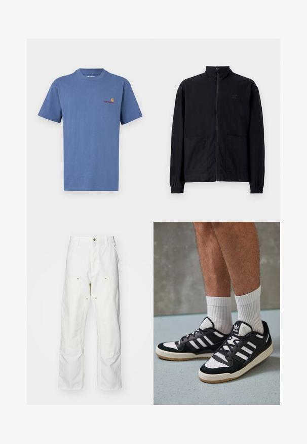 Musta vetoketjullinen takki, joka on valmistettu teksturoidusta kankaasta. Takissa on pystykaulus, kaksi etutaskua ja elastiset hihansuut. Huomaamaton logotyyli.; Sininen puuvillainen T-paita, jossa pyöreä pääntie. Vasemmassa rinnassa pieni punainen ja keltainen Carhartt-logo. Lyhyet hihat, suora helma.; Valkoiset puuvillaiset cargo-housut, joissa on rento istuvuus. Ominaisuuksiin kuuluvat etutaskut, kultaiset yksityiskohdat ja vahvistetut polviosat.; Valkoiset ja mustat tennarit, joissa on mokkanahka- ja nahkapäällinen, kolme valkoista raitaa, rei'itetty kärki ja kumipohja.