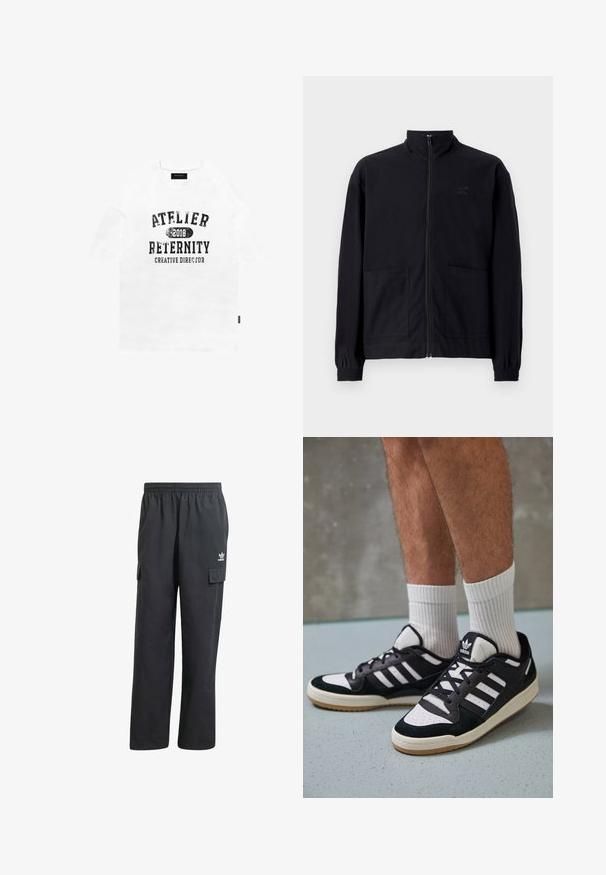 Schwarze Zip-Jacke aus strukturiertem Stoff mit Stehkragen, zwei Fronttaschen und elastischen Bündchen. Subtiler Logodruck.; Weißes Baumwoll-T-Shirt mit kurzen Ärmeln, mit schwarzem, abgenutztem Text: "ATELIER 2018 RETERNITY KREATIVDIRECTOR." Schlichte, lockere Passform.; Schwarze Cargo-Hosen mit einem elastischen Bund, zwei Seitentaschen und einem dezenten Logo auf dem linken Oberschenkel. Hergestellt aus einem leichten Stoff.; Schwarz-weiße Sneaker mit einem Obermaterial aus Wildleder und Leder, ausgestattet mit drei weißen Streifen, einer perforierten Zehenpartie und einer Sohle aus Gummi.