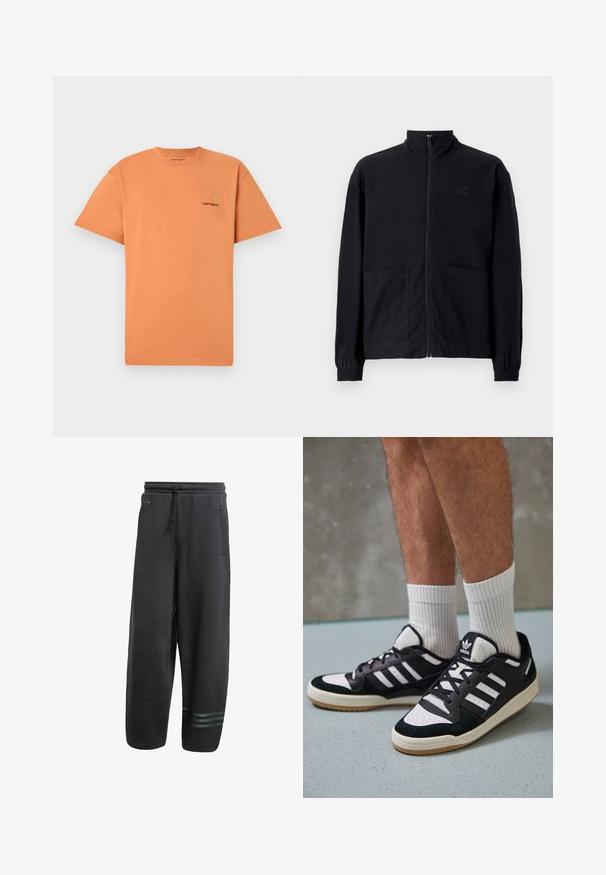 Zwarte zip-up jack van textuurstof met een staande kraag, twee voorzakken en elastische manchetten. Subtiel logo-detail.; Oranje katoenen t-shirt met een ronde hals en korte mouwen. Voorzien van een klein geborduurd Carhartt-logo in rood en geel op de borst.; Zwarte sweatpants met een losse pasvorm, elastische tailleband, trekkoord, zijzakken en drie subtiele horizontale strepen bij de enkels.; Zwart-witte sneakers met een bovenwerk van suede en leer, voorzien van drie witte strepen, een geperforeerde neus en een rubberen gumzool.