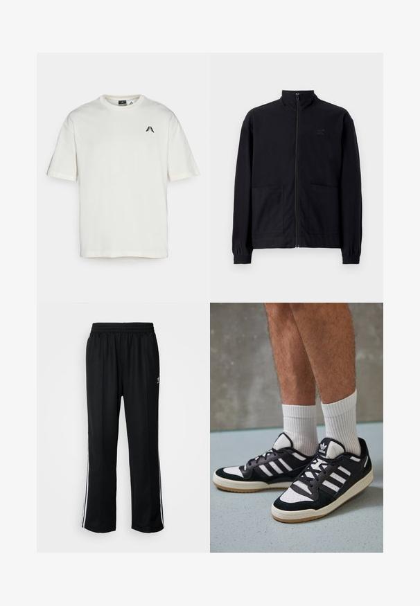 Schwarze Zip-Jacke aus strukturiertem Stoff mit Stehkragen, zwei Fronttaschen und elastischen Bündchen. Subtiler Logodruck.; adidas Performance ANTHONY ADWARDS ANTED TEE - Sport T-Shirt - cloud white; Schwarze Sporthosen mit elastischem Bund, ausgestattet mit weißen Seitenstreifen und einem kleinen Logo. Das Material wirkt weich und leicht.; Schwarz-weiße Sneaker mit einem Obermaterial aus Wildleder und Leder, ausgestattet mit drei weißen Streifen, einer perforierten Zehenpartie und einer Sohle aus Gummi.