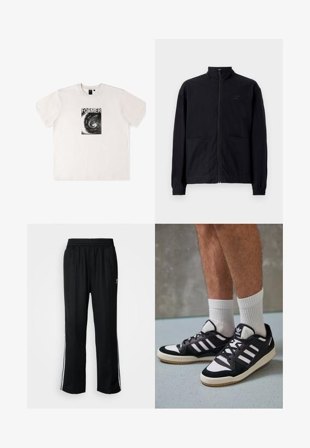Černá zipová bunda vyrobená z texturované tkaniny, s vysokým límcem, dvěma předními kapsami a elastickými manžetami. Jemný detail loga.; Bílý bavlněný tričko s krátkým rukávem, které na přední straně zdobí černý grafický potisk se slovem "FORMER" a spirálovým vzorem.; Černé sportovní kalhoty s elastickým pasem, s bílými bočními pruhy a malým logem. Materiál vypadá měkce a lehce.; Černobílé tenisky s vrchní částí z semišové a kožené kůže, včetně tří bílých pruhů, perforovaného špičky a podrážky z gumy.
