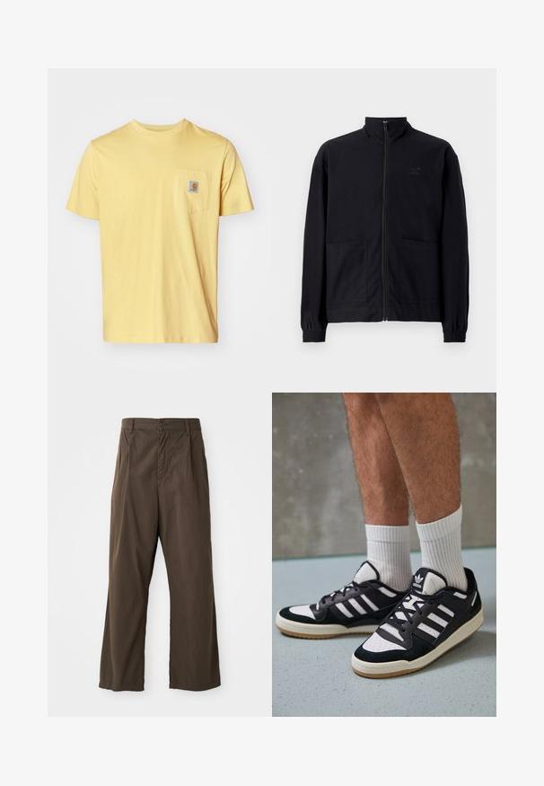 Jaqueta preta com fecho zip, feita de tecido texturizado, com gola alta, duas bolsos frontais e punhos elásticos. Detalhe discreto do logótipo.; T-shirt de algodão amarelo com mangas curtas, decote redondo e um bolso à esquerda no peito, apresentando um pequeno logótipo da marca. Design simples.; Calças largas, castanhas, feitas de algodão, com fecho frontal por botão, passadores de cinto e uma textura suave e mate.; Ténis em preto e branco com upper em camurça e couro, apresentando três riscas brancas, um toe perfurado e uma sola em borracha de goma.