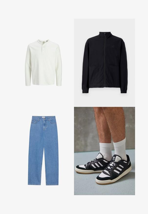 Zwarte zip-up jack van textuurstof met een staande kraag, twee voorzakken en elastische manchetten. Subtiel logo-detail.; Witte lange mouwen henley shirt met drie knopen en een ronde halslijn, weergegeven op een effen witte achtergrond.; Lichtblauwe denim jeans met een rechte pasvorm, vijf-pocket ontwerp, enkele knoopsluiting en subtiele stikseldetails op de naden.; Zwart-witte sneakers met een bovenwerk van suede en leer, voorzien van drie witte strepen, een geperforeerde neus en een rubberen gumzool.