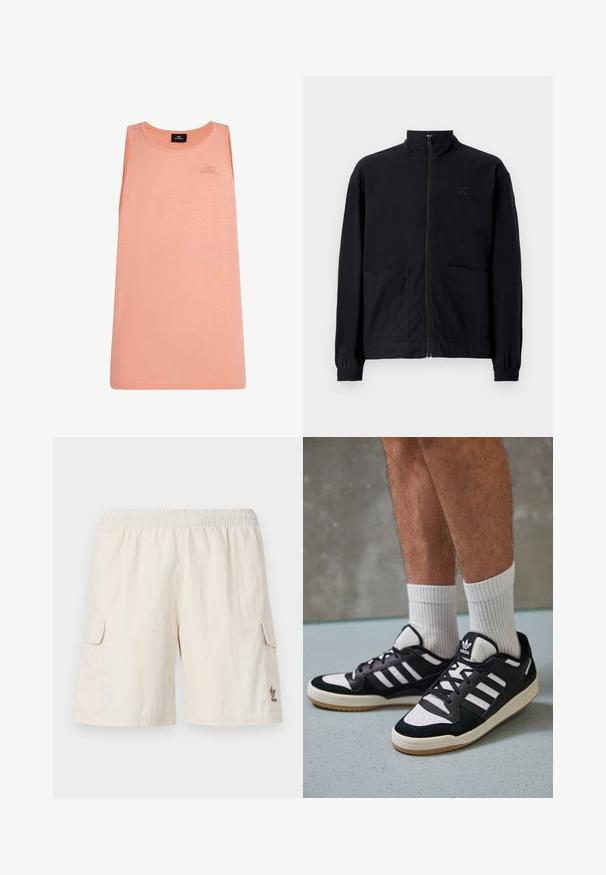 Mustast zip-up jakkidest, mis on valmistatud tekstureeritud kangast, on püstkaelus, kaks esist taskut ja elastsed mansetid. Diskreetne logo detail.; Virsikatooni vest, mis on valmistatud kergest kangast, ringikujulise kaeluse ja ilma varrukateta. Ees on peen O'Neill'i logo.; Beežid cargo lühikesed püksid elastse vöökohtaga, kahe külgekooja taskuga ja väikese logoga alumise parema külje peal. Sile ja kerge kangas.; Mustvalged ja valged spordijalatsid, mille pealmine osa on valmistatud suede'ist ja nahast. Kingadel on kolm valget riba, auguline varvas ja kummist tald.