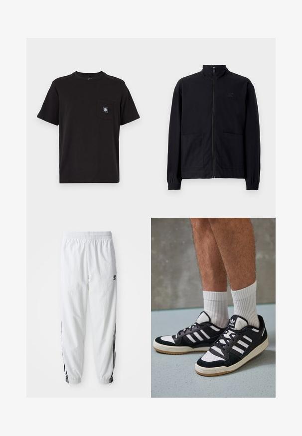 Fekete, cipzáros dzseki, textúrált anyagból, álló gallérral, két elülső zsebbel és rugalmas mandzsettával. Diszkrét logó részlet.; Fekete, rövid ujjú pamut póló kerek nyakkivágással és bal mellen elhelyezett zsebet tartalmazó kis logós címkével. Sima textúra.; Fehér sportnadrág fekete oldalsávokkal, rugalmas derékrésszel és mandzsettákkal; az Adidas logó a bal combján található. Sima szövettextúra.; Fekete-fehér tornacipők velúr és bőr felsőrésszel, három fehér csíkkal, perforált orral és gumi talppal.