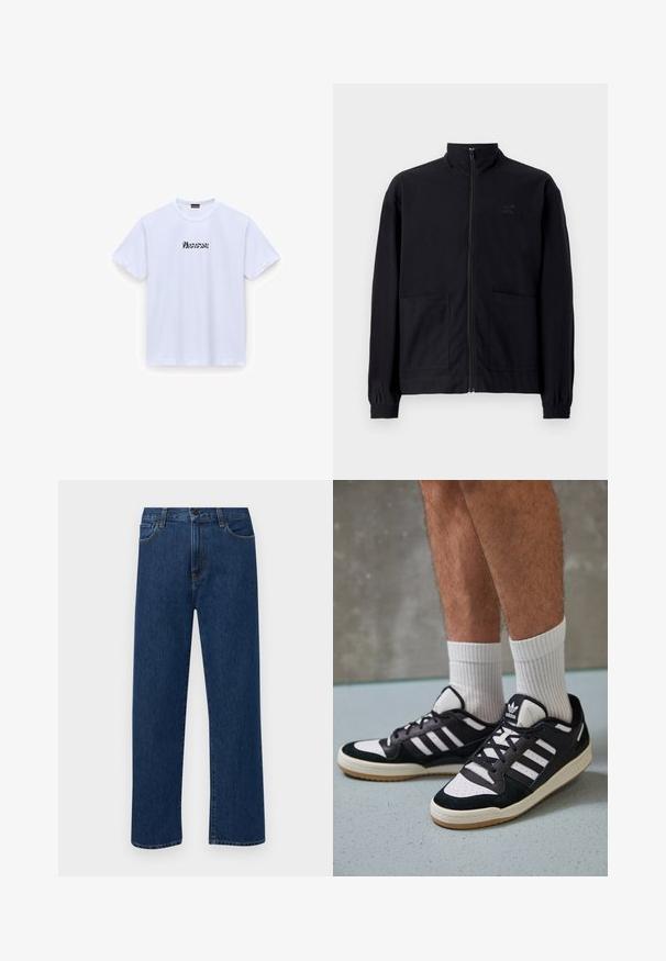 Mustast zip-up jakkidest, mis on valmistatud tekstureeritud kangast, on püstkaelus, kaks esist taskut ja elastsed mansetid. Diskreetne logo detail.; Valge puuvillane T-särk lühikeste varrukatega, ümar kaelus, mille ees on must stiliseeritud tekst "Wonderful". Sile tekstuur, tavaline lõige.; Tumedat sinised sirged teksapüksid esikottide ja nupuklõpsuga, esitatud helesinisel taustal.; Mustvalged ja valged spordijalatsid, mille pealmine osa on valmistatud suede'ist ja nahast. Kingadel on kolm valget riba, auguline varvas ja kummist tald.