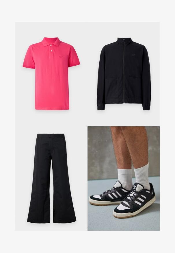 Jachetă zip-up neagră, realizată dintr-un material texturat, cu guler în picioare, două buzunare frontale și manșete elastice. Detaliu subtil cu logo.; Cămașă polo roz aprins, din bumbac, cu un guler clasic, placket cu trei butoane și logo-ul 'GAP' brodat pe piept.; Pantaloni negri cu picioare largi, confecționați dintr-un material neted, având pliseuri frontale și un brâu. Design curat, fără modele sau accente vizibile.; Adidași negri și albi cu un superior din suede și piele, prevăzuți cu trei dungi albe, un vârf perforat și o talpă din cauciuc caramel.