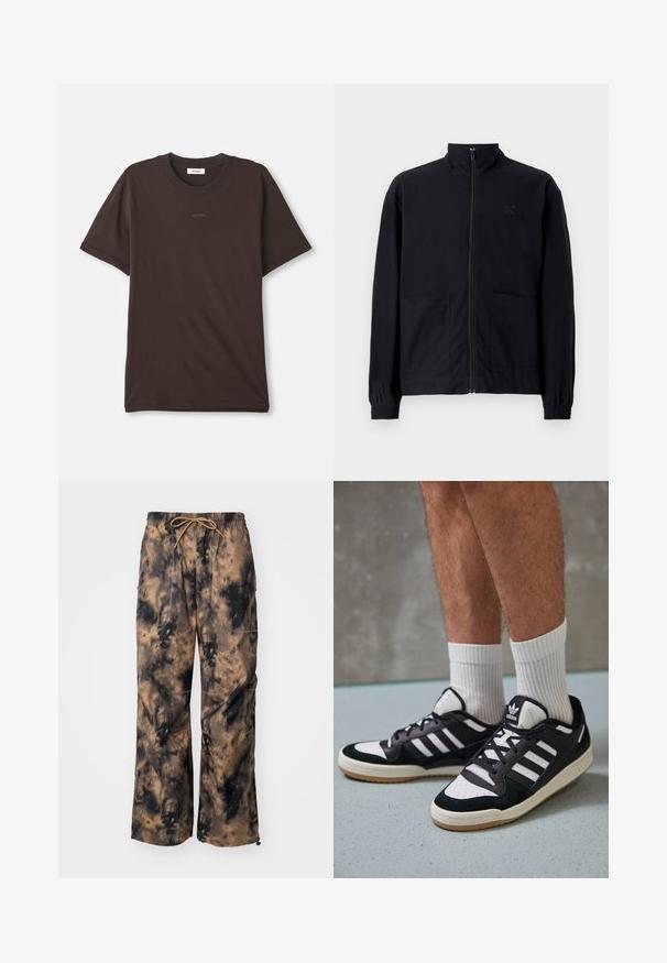 Svart zip-up jakke laget av teksturert stoff med stående krage, to frontlommer og elastiske mansjetter. Diskret logo detalj.; Mørkebrun kortermet T-skjorte med rund hals og "SANDRO"-logo sentrert på brystet, samt en etikett på innsiden av halsen.; Brune og svarte tie-dye bukser med vide ben, elastisk midje og snor. Har frontlommer og teksturert stoff.; Sorte og hvite sneakers med overdel i semsket skinn og lær, med tre hvite striper, perforert tå og en såle av gummi.