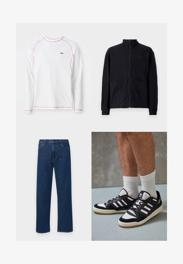 Fekete, cipzáros dzseki, textúrált anyagból, álló gallérral, két elülső zsebbel és rugalmas mandzsettával. Diszkrét logó részlet.; Fehér, hosszú ujjú póló piros varrással és egy kis fekete "OBEY" logóval a mellkason. Pamut anyag, kerek nyakkivágású dizájn.; Sötétkék, egyenes szárú farmernadrág, elülső zsebekkel és gombos záródással, sima fehér háttéren bemutatva.; Fekete-fehér tornacipők velúr és bőr felsőrésszel, három fehér csíkkal, perforált orral és gumi talppal.