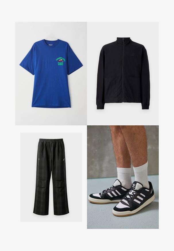 Mustast zip-up jakkidest, mis on valmistatud tekstureeritud kangast, on püstkaelus, kaks esist taskut ja elastsed mansetid. Diskreetne logo detail.; Sinine puuvillane t-särk, ümmarguse kaelusega, lühikeste varrukatega, mille vasakul rinnal on graafiline trükk punase tegelase ja tekstiga.; Mustas ruudulised püksid, millel on elastne vöökoht, kaks esimest taskut ja laiem lõige sirge jala disainiga. Valmistatud kergest materjalist.; Mustvalged ja valged spordijalatsid, mille pealmine osa on valmistatud suede'ist ja nahast. Kingadel on kolm valget riba, auguline varvas ja kummist tald.