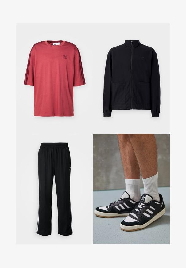 Μαύρο μπουφάν με φερμουάρ από υφασμάτινη υφή, διαθέτει όρθιο γιακά, δύο μπροστινές τσέπες και ελαστικούς ρυθμιστές στους καρπούς. Διακριτική λεπτομέρεια λογότυπου.; Κόκκινο βαμβακερό t-shirt με στρογγυλή λαιμόκοψη, κοντά μανίκια και τρεις σκούρες κόκκινες ρίγες σε κάθε ώμο. Περιλαμβάνει ένα μικρό μαύρο λογότυπο στο στήθος.; Μαύρο αθλητικό παντελόνι με ελαστική μέση, διαθέτει λευκές ρίγες στο πλάι και ένα μικρό λογότυπο. Το υλικό φαίνεται μαλακό και ελαφρύ.; Μαύρα και λευκά αθλητικά παπούτσια με άνω μέρος από σουέτ και δέρμα, featuring τρεις λευκές ρίγες, περατά δάχτυλα και σόλα από καουτσούκ τύπου γκαστ.