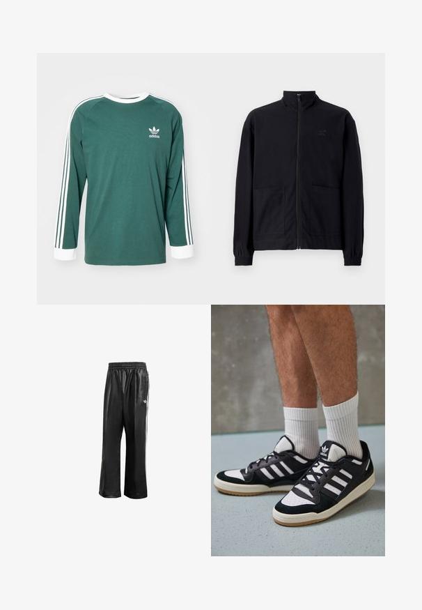 Čierna zapínacia bunda vyrobená z textúrovanej látky, s vysokým golierom, dvoma prednými vreckami a elastickými manžetami. Diskrétne logo.; adidas Originals STRIPES - Top s dlhým rukávom - mineral green; Čierne syntetické teplákové nohavice s elastickým pásom, s bielymi bočnými pruhmi a malým bielym logom na ľavom boku.; Čierno-biele tenisky s vrchom z semišu a kože, s troma bielymi pruhmi, perforovanou špičkou a gumovou podrážkou.