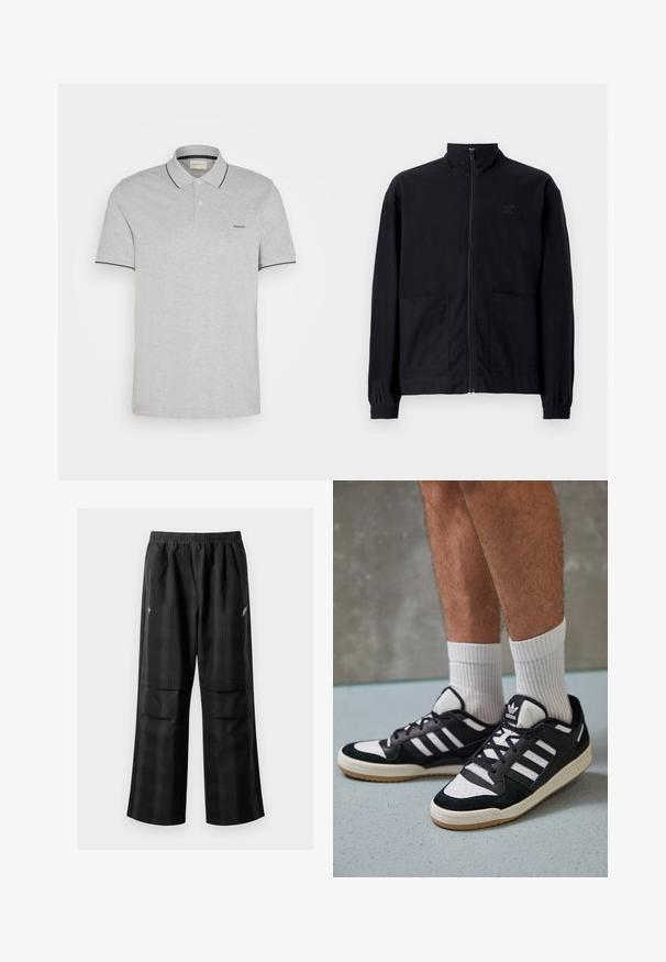 Sort zip-op jakke lavet af tekstureret stof med stående krave, to forlommer og elastiske manchetter. Diskret logo detalje.; Grå polo skjorte lavet af blød stof, med en to-knaps placket, marineblå detaljer på kraven ogærmerne samt diskret logo broderi.; Sorte ternede bukser med elastisk talje, to forlommer og en løs pasform med lige ben. Fremstillet af letvægtsmateriale.; Sorte og hvide sneakers med en overdel i ruskind og læder, der har tre hvide striber, en perforeret tå og en sål i gummigummi.