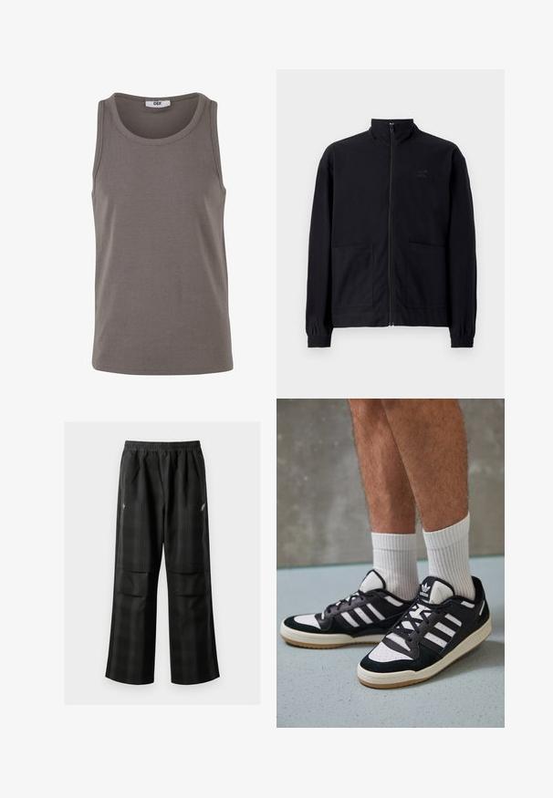 Mustast zip-up jakkidest, mis on valmistatud tekstureeritud kangast, on püstkaelus, kaks esist taskut ja elastsed mansetid. Diskreetne logo detail.; Hallhallik ribipealne T-särk ümmarguse kaeluse ja laiade varrukateaukudega. Valmistatud venivast kangast, see on reguleeritud istuvuse ja minimalistliku disainiga.; Mustas ruudulised püksid, millel on elastne vöökoht, kaks esimest taskut ja laiem lõige sirge jala disainiga. Valmistatud kergest materjalist.; Mustvalged ja valged spordijalatsid, mille pealmine osa on valmistatud suede'ist ja nahast. Kingadel on kolm valget riba, auguline varvas ja kummist tald.