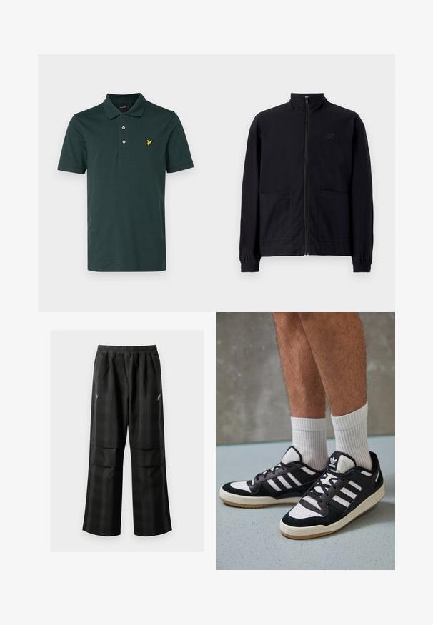 Černá zipová bunda vyrobená z texturované tkaniny, s vysokým límcem, dvěma předními kapsami a elastickými manžetami. Jemný detail loga.; Lyle & Scott Polotričko - argyle teal; Černé kostkované kalhoty s elastickým pasem, dvěma předními kapsami a volným střihem se rovnými nohavicemi. Vyrobeny z lehkého materiálu.; Černobílé tenisky s vrchní částí z semišové a kožené kůže, včetně tří bílých pruhů, perforovaného špičky a podrážky z gumy.