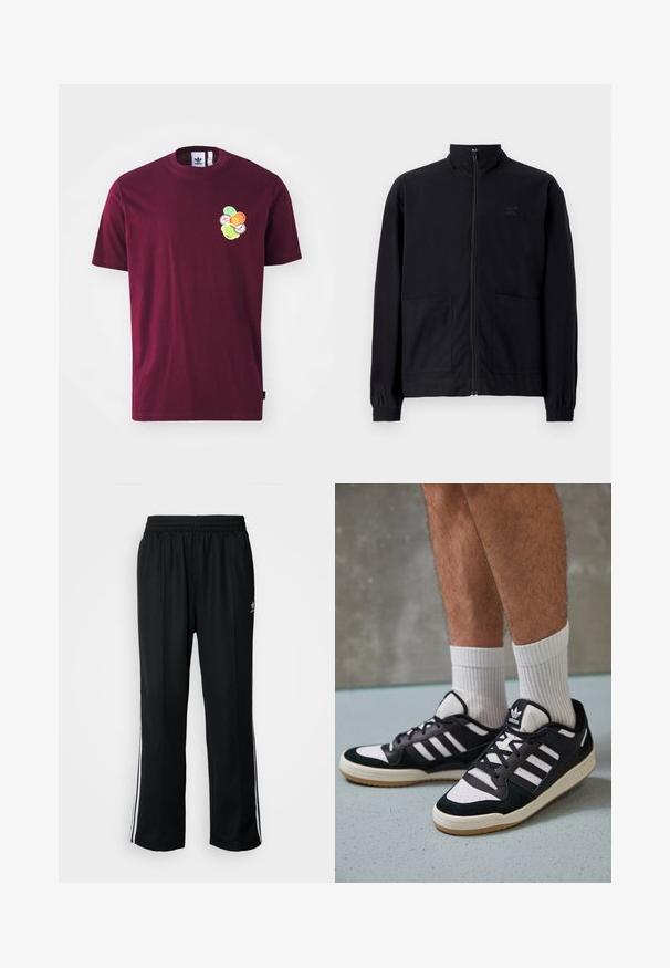 Jaqueta preta com fecho zip, feita de tecido texturizado, com gola alta, duas bolsos frontais e punhos elásticos. Detalhe discreto do logótipo.; T-shirt de algodão bordeaux com mangas curtas e decote redondo. Apresenta um gráfico bordado no lado esquerdo do peito, incluindo designs circulares coloridos.; Calças atléticas pretas com um cós elástico, apresentando riscas brancas laterais e um pequeno logótipo. O material parece macio e leve.; Ténis em preto e branco com upper em camurça e couro, apresentando três riscas brancas, um toe perfurado e uma sola em borracha de goma.