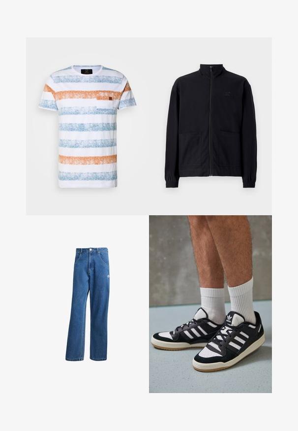 Črna jakna na zadrgo iz teksturirane tkanine z dvignjenim ovratnikom, dvema sprednjima žepoma in elastificiranimi manšeti. Diskretna podrobnost logotipa.; Bela majica s kratkimi rokavi, ki ima boldne modre in oranžne horizontalne črte, teksturirano tkanino in majhno žepko na levem prsnem delu.; Modre visoko pasu široke denim kavbojke z sprednjimi žepi, zankami za pas, gumbom za zapiranje in majhnim logotipom Adidas na desni stegno.; Črno-bele superge z zgornjim delom iz usnja in nubuka, ki imajo tri bele črte, perforiran vrh prstov in podplat iz gume.