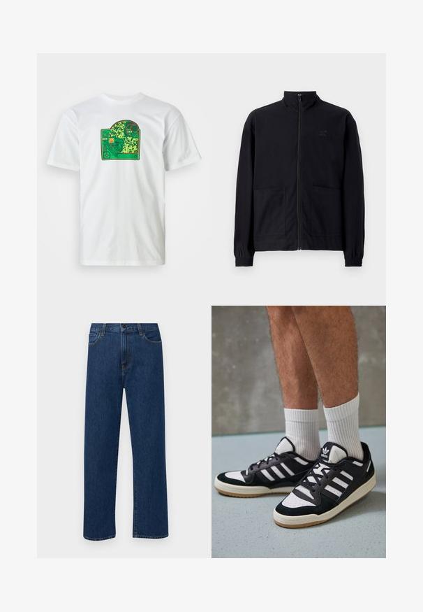 Schwarze Zip-Jacke aus strukturiertem Stoff mit Stehkragen, zwei Fronttaschen und elastischen Bündchen. Subtiler Logodruck.; Weißes Baumwoll-T-Shirt mit einem Grafikdesign eines grünen Schaltkreises, das komplexe Muster, rote Akzentuierungen und ein gestaffeltes Designelement aufweist.; Dunkelblaue gerade geschnittene Jeans mit Fronttaschen und Knopfverschluss, auf einem schlichten weißen Hintergrund präsentiert.; Schwarz-weiße Sneaker mit einem Obermaterial aus Wildleder und Leder, ausgestattet mit drei weißen Streifen, einer perforierten Zehenpartie und einer Sohle aus Gummi.