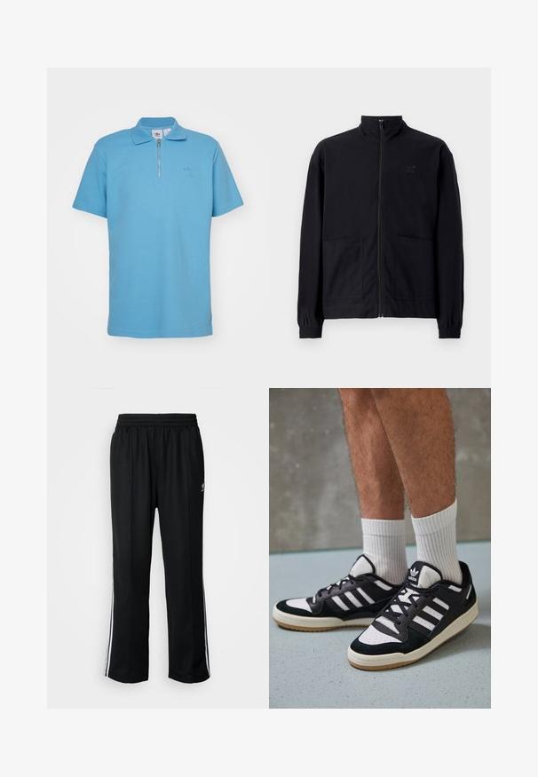 Jaqueta preta com fecho zip, feita de tecido texturizado, com gola alta, duas bolsos frontais e punhos elásticos. Detalhe discreto do logótipo.; Camisa polo azul com mangas curtas, colarinho com fecho éclair, tecido texturizado e logotipo bordado no peito. Ideal para uso casual.; Calças atléticas pretas com um cós elástico, apresentando riscas brancas laterais e um pequeno logótipo. O material parece macio e leve.; Ténis em preto e branco com upper em camurça e couro, apresentando três riscas brancas, um toe perfurado e uma sola em borracha de goma.