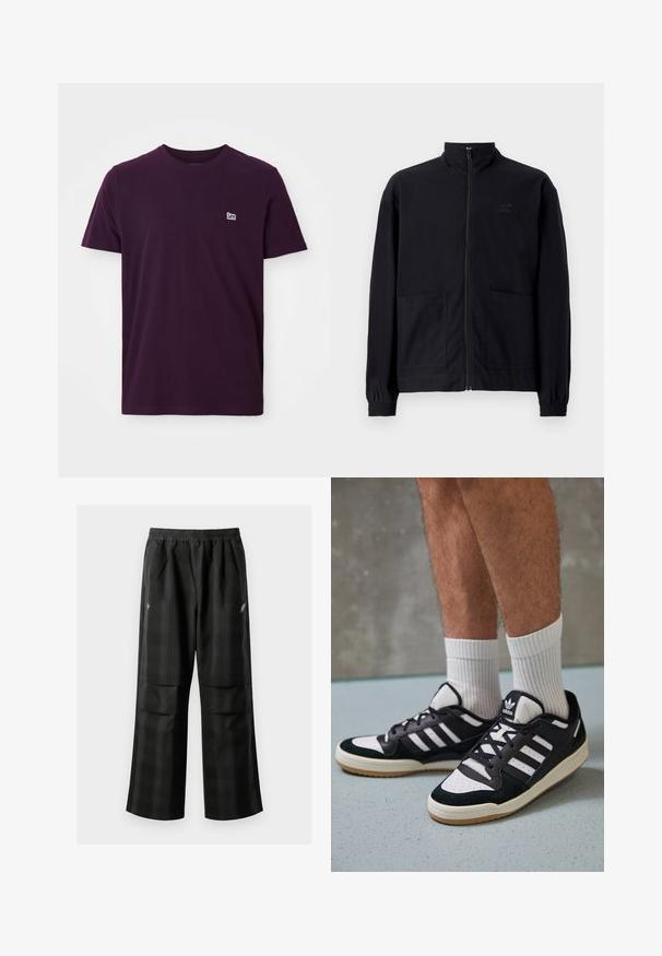 Musta vetoketjullinen takki, joka on valmistettu teksturoidusta kankaasta. Takissa on pystykaulus, kaksi etutaskua ja elastiset hihansuut. Huomaamaton logotyyli.; Tummaa purppuran värinen puuvillateeppari, jossa on lyhyet hihat, pyöreä kaula-aukko ja pieni valkoinen logo vasemmassa rinnassa. Pehmeä ja sileä rakenne.; Mustat ruudulliset housut, joissa on joustava vyötärö, kaksi etutaskua ja rento istuvuus suoralla lahkeella. Valmistettu kevyestä materiaalista.; Valkoiset ja mustat tennarit, joissa on mokkanahka- ja nahkapäällinen, kolme valkoista raitaa, rei'itetty kärki ja kumipohja.