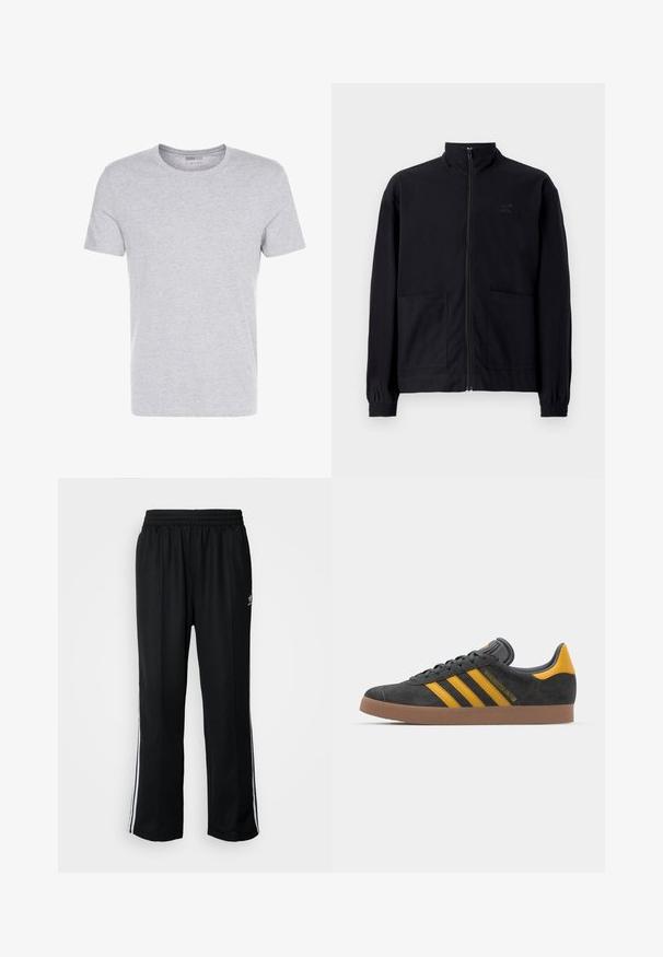 Melna zip-up jaka, izgatavota no struktūrētas auduma, ar stāvošu apkakli, divām priekšējām kabatām un elastīgām aprocēm. Diskreta logotipa detaļa.; Pelēks kokvilnas T-krekls ar apaļu kakla izgriezumu, īsām piedurknēm un vienkāršu dizainu, ar maigu, gludu tekstūru un bez redzamām rakstiem vai rotājumiem.; Melni sporta bikses ar elastīgu jostas vietu, kurām ir baltas sānu svītras un neliels logotips. Materiāls izskatās mīksts un viegls.; Melnas zamšādas kedas ar dzelteniem akcentiem, kurām ir trīs svītras un brūna gumijas zole. Iekļauta mīksta valkāšanas tongue komfortam.