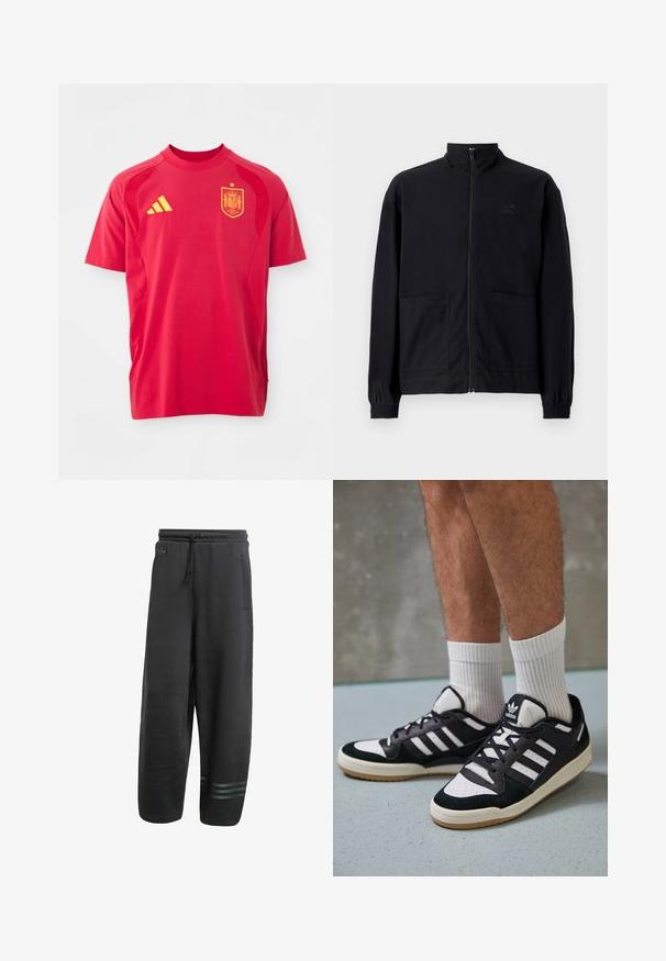 Crna jakna na patent s teksturiranim materijalom koja ima stojeći ovratnik, dva prednja džepa i elastične manžete. Suptilan detalj s logotipom.; Crvena sportska majica izrađena od lagane tkanine, sa okruglim izrezom, kratkim rukavima, žutim Adidas logotipom i grbom reprezentacije Španije.; Crne trenirke s opuštenim krojem, elastičnim pojasom, vezicom, bočnim džepovima i tri suptilne horizontalne pruge na gležnju.; Crne i bijele tenisice s gornjim dijelom od antilopa i kože, s tri bijele pruge, perforiranim prstom i gumiranim potplatom.