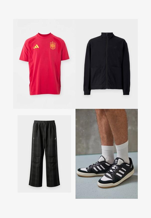Jaqueta preta com fecho zip, feita de tecido texturizado, com gola alta, duas bolsos frontais e punhos elásticos. Detalhe discreto do logótipo.; T-shirt desportivo vermelho feito de tecido leve, com gola redonda, mangas curtas, logotipo amarelo da Adidas e emblema da seleção nacional da Espanha.; Calças pretas em padrão xadrez com cintura elástica, dois bolsos frontais e um ajuste solto com design de perna reta. Feitas de material leve.; Ténis em preto e branco com upper em camurça e couro, apresentando três riscas brancas, um toe perfurado e uma sola em borracha de goma.