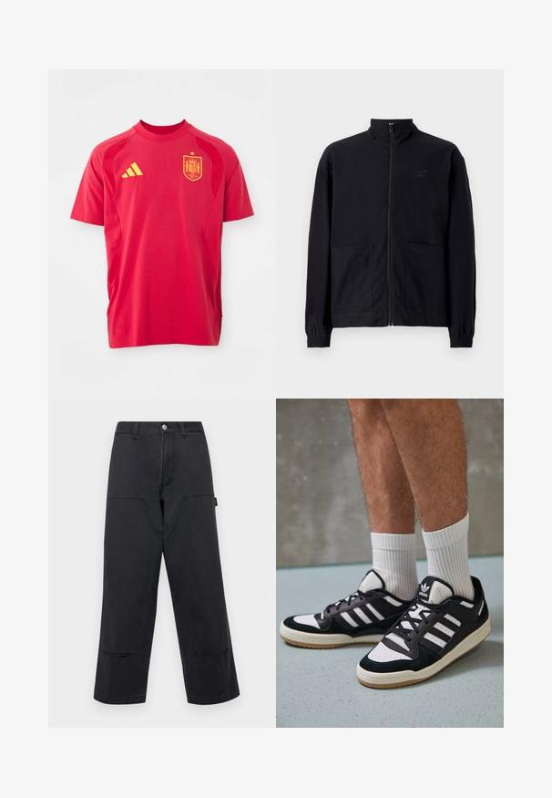 Čierna zapínacia bunda vyrobená z textúrovanej látky, s vysokým golierom, dvoma prednými vreckami a elastickými manžetami. Diskrétne logo.; Červené športové tričko vyrobené z ľahkého materiálu, s okrúhlym výstrihom, krátkymi rukávmi, žltým logom Adidas a erbom národného tímu Španielska.; Čierne nohavice s širokými nohavicami z denimu s veľkými prednými vreckami, rovný strih a kontrastné prešitie. Obsahuje kovové zapínanie na gombík.; Čierno-biele tenisky s vrchom z semišu a kože, s troma bielymi pruhmi, perforovanou špičkou a gumovou podrážkou.