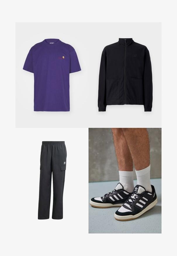 Czarna kurtka zapinana na zamek, wykonana z teksturowanej tkaniny, z kołnierzem stojącym, dwoma przednimi kieszeniami i elastycznymi mankietami. Subtelny detal z logo.; Carhartt WIP - T-shirt basic; Czarne spodnie cargo z elastycznym paskiem w talii, dwoma bocznymi kieszeniami i subtelnym logo na lewym udzie. Wykonane z lekkiego materiału.; Czarno-białe sneakersy z zamszową i skórzaną cholewką, z trzema białymi paskami, perforowanym czubkiem i gumową podeszwą w kolorze gumy.