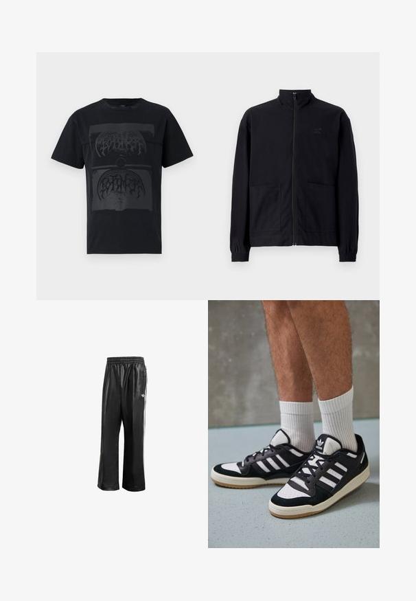 Svart zip-up jakke laget av teksturert stoff med stående krage, to frontlommer og elastiske mansjetter. Diskret logo detalj.; Svart bomull T-skjorte med et stort mørkt grafisk design med abstrakte former og linjer sentrert på forsiden. Korte ermer og rund hals.; Sorte syntetiske treningsbukser med elastisk midje, som har hvite sidestreker og en liten hvit logo på venstre hofte.; Sorte og hvite sneakers med overdel i semsket skinn og lær, med tre hvite striper, perforert tå og en såle av gummi.