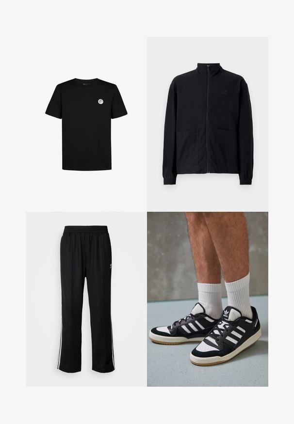 Černá zipová bunda vyrobená z texturované tkaniny, s vysokým límcem, dvěma předními kapsami a elastickými manžetami. Jemný detail loga.; Černé bavlněné tričko s krátkými rukávy a kulatým výstřihem. Na levé části hrudi má malé kulaté logo. Jednoduchý design.; Černé sportovní kalhoty s elastickým pasem, s bílými bočními pruhy a malým logem. Materiál vypadá měkce a lehce.; Černobílé tenisky s vrchní částí z semišové a kožené kůže, včetně tří bílých pruhů, perforovaného špičky a podrážky z gumy.