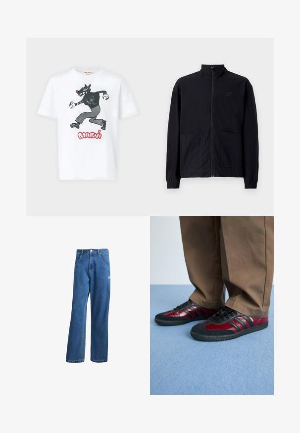 Veste noire zippée en tissu texturé avec col montant, deux poches avant et poignets élastiqués. Détail logo discret.; T-shirt en coton blanc avec un motif de loup cartoon noir et le texte "MARNI" en rouge sur le devant. Manches courtes et col rond.; Jean en denim bleu taille haute, jambes larges, avec poches avant, passants de ceinture, fermeture à bouton et petit logo Adidas sur la cuisse droite.; Baskets de sport noires et bordeaux avec des matériaux en cuir et en suède, dotées de lacets noirs et de trois bandes noires sur le côté. Semelle en caoutchouc.