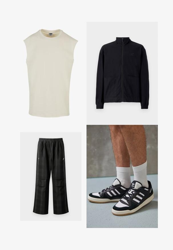 Crna jakna na patent s teksturiranim materijalom koja ima stojeći ovratnik, dva prednja džepa i elastične manžete. Suptilan detalj s logotipom.; Bež bezrukavni pamukasti top s okruglim izrezom i zaobljenim rubom. Glatka tekstura, minimalistički dizajn, bez uzoraka ili ukrasa.; Crne karirane hlače s elastičnom urezom, dva prednja džepa i ležernim krojem s ravnim nogavicama. Izrađene su od laganog materijala.; Crne i bijele tenisice s gornjim dijelom od antilopa i kože, s tri bijele pruge, perforiranim prstom i gumiranim potplatom.