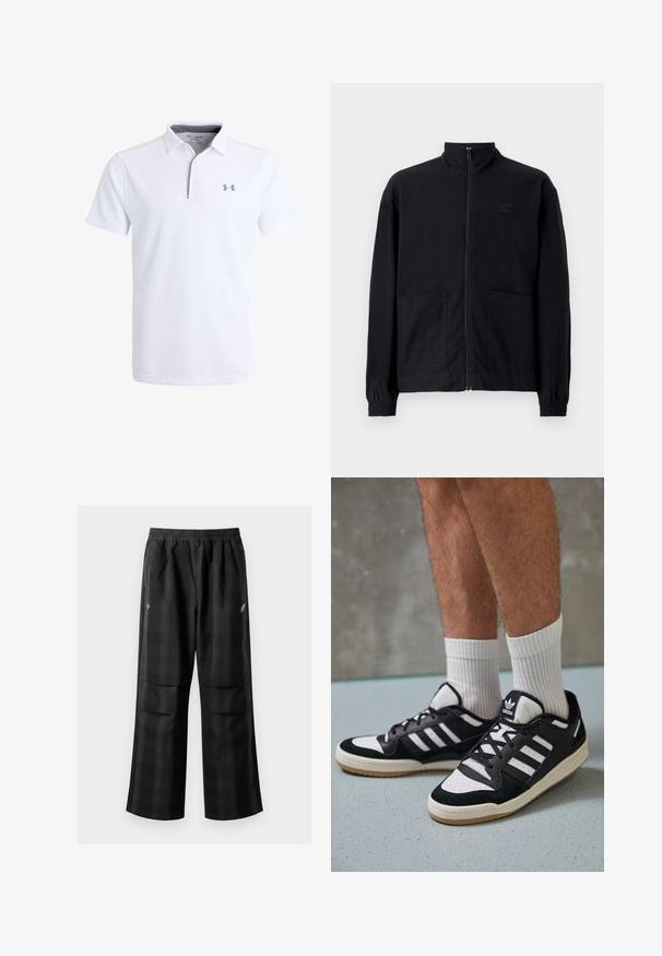 Fekete, cipzáros dzseki, textúrált anyagból, álló gallérral, két elülső zsebbel és rugalmas mandzsettával. Diszkrét logó részlet.; Fehér póló, textúrált anyagból, rövid ujjú és cipzáras gallérral. Bal oldali mellen szürke logó található.; Fekete kockás nadrág, rugalmas derékkal, két elülső zsebbel és laza, egyenes szárú fazonnal. Könnyű anyagból készült.; Fekete-fehér tornacipők velúr és bőr felsőrésszel, három fehér csíkkal, perforált orral és gumi talppal.