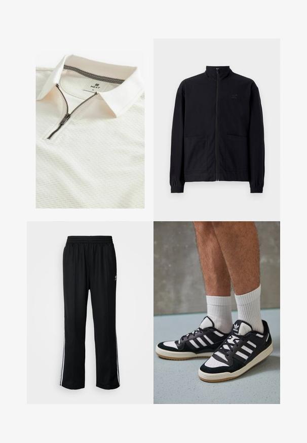Schwarze Zip-Jacke aus strukturiertem Stoff mit Stehkragen, zwei Fronttaschen und elastischen Bündchen. Subtiler Logodruck.; Weißes Poloshirt mit einem strukturierten Muster, Reißverschluss und kariertem Krageninneren. Etikett mit "NEXT" und Größe "M."; Schwarze Sporthosen mit elastischem Bund, ausgestattet mit weißen Seitenstreifen und einem kleinen Logo. Das Material wirkt weich und leicht.; Schwarz-weiße Sneaker mit einem Obermaterial aus Wildleder und Leder, ausgestattet mit drei weißen Streifen, einer perforierten Zehenpartie und einer Sohle aus Gummi.