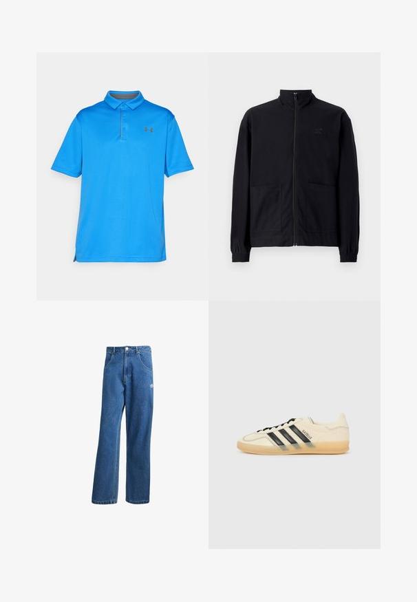 Musta vetoketjullinen takki, joka on valmistettu teksturoidusta kankaasta. Takissa on pystykaulus, kaksi etutaskua ja elastiset hihansuut. Huomaamaton logotyyli.; Sininen poolopaita, joka on valmistettu teksturoidusta kankaasta. Paidassa on kaulus, lyhyet hihat ja huomaamaton logo rinnassa. Sivurei'istä löytyy liikkumisen helpottamiseen tarkoitettu muotoilu.; Siniset korkeavyötäröiset leveälahkeiset farkut, joissa on etupussit, vyölenkit, napitus ja pieni Adidas-logo oikeassa reidessä.; Vaalean kerma sneaker, jossa on musta kolmiraidallinen muotoilu, teksturoitu yläosa, pyöreä kärki ja kumipohja. Varustettu nauhoilla ja brändäyksellä sivulla.