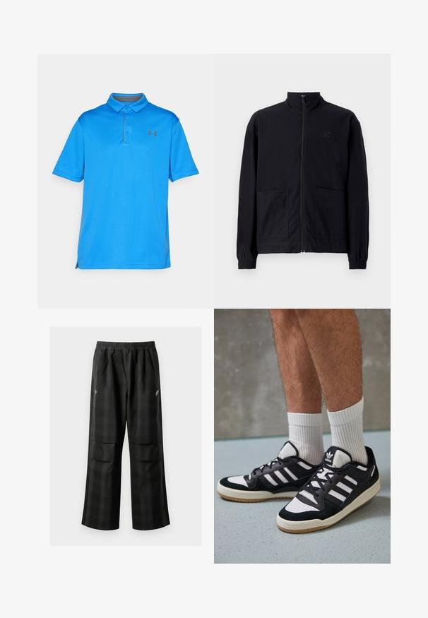 Fekete, cipzáros dzseki, textúrált anyagból, álló gallérral, két elülső zsebbel és rugalmas mandzsettával. Diszkrét logó részlet.; Kék pólóing texturált anyagból, gallérral, rövid ujjakkal és diszkrét logóval a mellkason. Oldalsó hasítékok a mozgás könnyebbsége érdekében.; Fekete kockás nadrág, rugalmas derékkal, két elülső zsebbel és laza, egyenes szárú fazonnal. Könnyű anyagból készült.; Fekete-fehér tornacipők velúr és bőr felsőrésszel, három fehér csíkkal, perforált orral és gumi talppal.