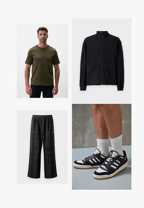 Zwarte zip-up jack van textuurstof met een staande kraag, twee voorzakken en elastische manchetten. Subtiel logo-detail.; Donkergroen t-shirt met korte mouwen en een ronde hals, gemaakt van een gladde stof; beschikt over minimale naden en een relaxte fit.; Zwarte geruite broek met een elastische tailleband, twee voorzakken en een losse pasvorm met een rechte pijpdesign. Gemaakt van lichtgewicht materiaal.; Zwart-witte sneakers met een bovenwerk van suede en leer, voorzien van drie witte strepen, een geperforeerde neus en een rubberen gumzool.