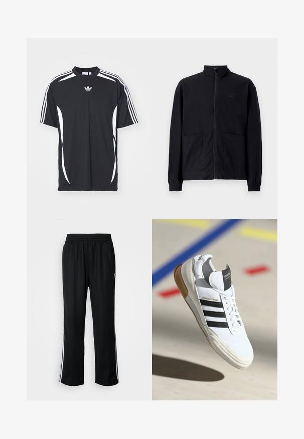 Μαύρο μπουφάν με φερμουάρ από υφασμάτινη υφή, διαθέτει όρθιο γιακά, δύο μπροστινές τσέπες και ελαστικούς ρυθμιστές στους καρπούς. Διακριτική λεπτομέρεια λογότυπου.; Μαύρο αθλητικό μπλουζάκι με λευκές ρίγες στο πλάι και λογότυπο Adidas. Διαθέτει στρογγυλή λαιμόκοψη και κοντά μανίκια, κατασκευασμένο από μαλακό, ελαφρύ ύφασμα.; Μαύρο αθλητικό παντελόνι με ελαστική μέση, διαθέτει λευκές ρίγες στο πλάι και ένα μικρό λογότυπο. Το υλικό φαίνεται μαλακό και ελαφρύ.; Λευκά παπούτσια Adidas Mundial Goal με μαύρες ρίγες και καουτσούκ σόλα, показыванные в воздухе над пол της αθλητικής αίθουσας με χρωματιστές γραμμές.